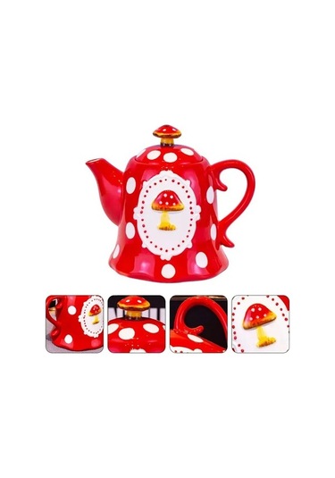 Fortunelane Fırınlanmış Seramik Mantar Desenli Çaydanlık, 0.91l Kapasite, Kapağı İle Ev Ve Misafir İçin Kırmızı Kırmızı