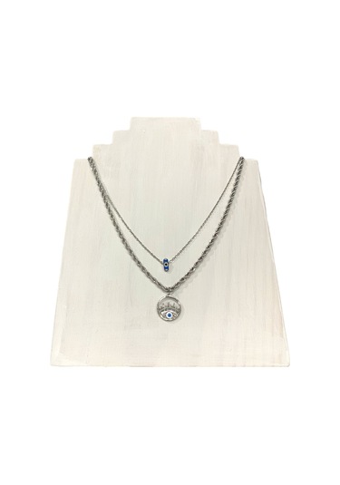 Bayan 316l Çelik Göz Nazar Boncuklu Çift Zincirli Gümüş Renk Kolye Çelik