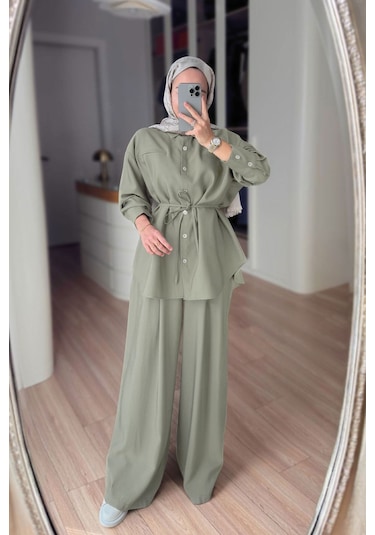 Ka Hijab Bağcıklı Bluz Pantolon Takım - Yeşil