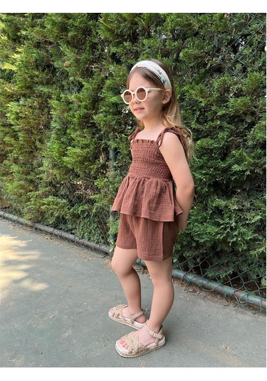 Müslin Kumaş Şortlu Kız Çocuk Takım Kahverengi
