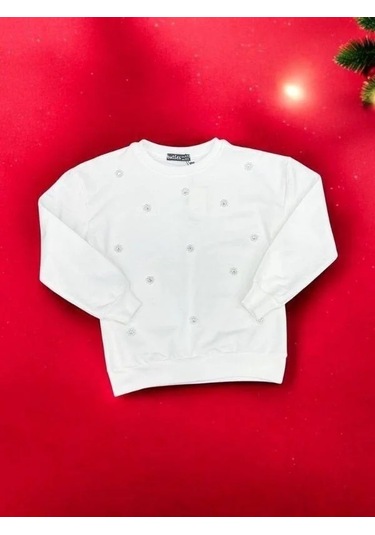 Kız Çocuk Pamuklu İnci İşlemeli İnce Sweatshirt-15007 Ekru