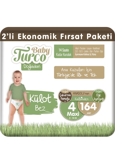 Baby Turco Doğadan 2'li Ekonomik Fırsat Paketi Külot Bez 4 Numara Maxi 164 Adet