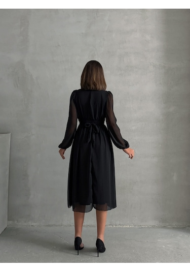 Kadın Arkadan Bağlamalı Şifon Elbise Siyah