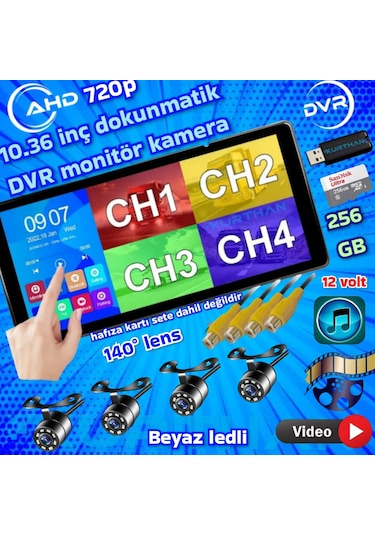 Mibzer İçin Dokunmatik 10.36 İnç Monitör Ve 4 Adet Ahd 720p Beyaz Ledli Kamera Seti 12 V