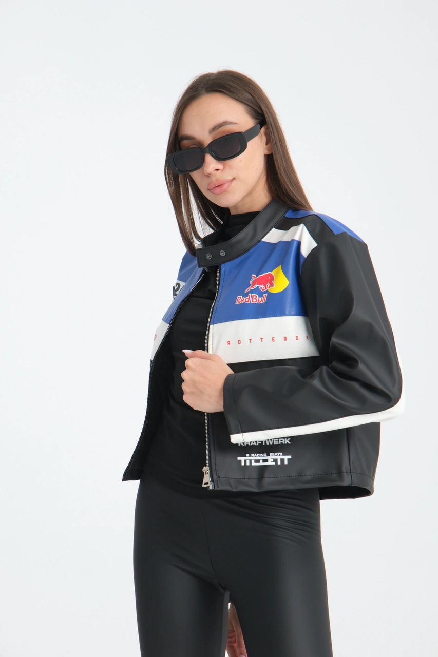 Kadın Oversize Baskılı Deri Şeritli Motorcu Montu Garnili Fermuarlı Yarışçı Ceketi Bomber Kolej Mont Mavi