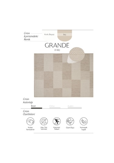 Cool Halı Grande 01 Bej Balkon Kilimi Dama Desen Halı Yolluk İnce Antre Kaymaz Tabanlı Mutfak Kilimi