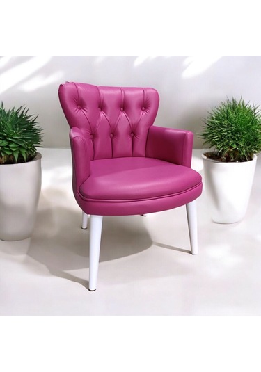 Tekli Fuşya Deri Beyaz Ahşap Ayaklı Ofis Koltuk Kafe Koltuğu Sandalye Berjer Fuşya