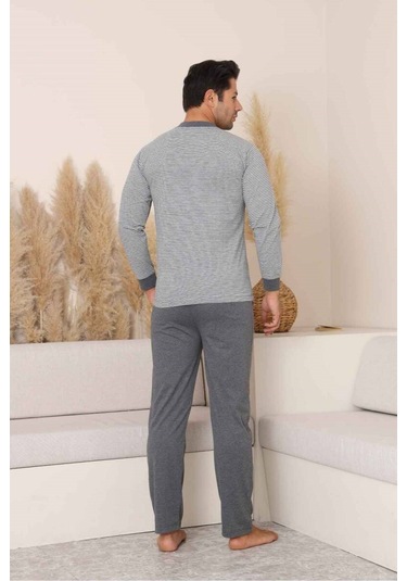 Alimer Erkek 3 Düğmeli Çizgili Desen %100 Pamuk Uzun Manşetli Kol Cepli Pijama Takımı Gri