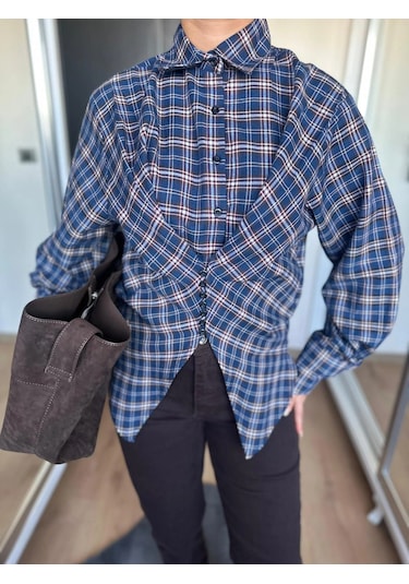 Keymoda Kadın Ekose Gömlek Lacivert Bordo Lacivert