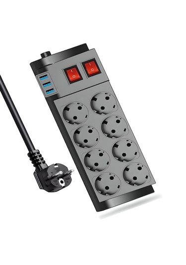 Ftr-08 4000w 16a Akım Korumalı 2 Anahtarlı 8'li Priz, 3 Usb Portl