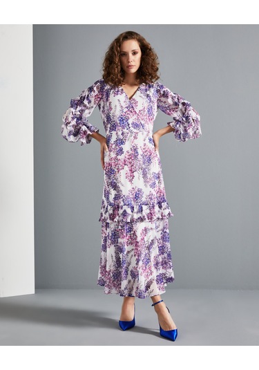 Çiçek Desenli Kadın Elbise - Katlı Etek Detaylı - Fırfırlı Kol - V Yaka - Modern Ve Şık Tasarım - Günlük Ve Özel Gün İçin Elbise Ekru