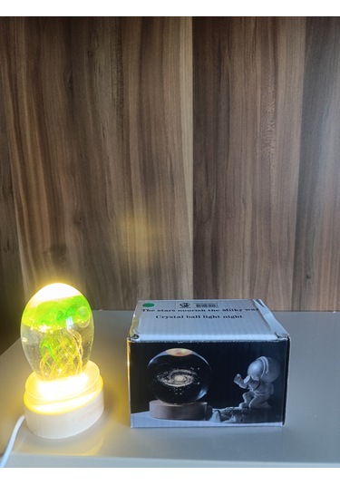 Ahşap Altlıklı Yeşıl Renk Dekoratif Işıklı Küre