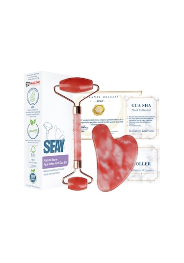 Seay Çilek Kuvars Taşı Face Roller Ve Gua Sha Yüz Masaj Aleti