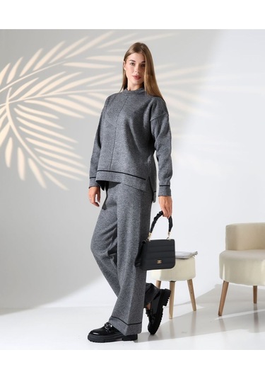 Kontrast Dikişli Kadın Triko Takım Antrasit