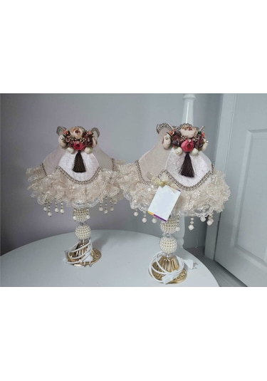 İki Adet Özel Çiçek Dekorlu Vizon Abajur Kahverengi