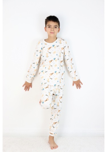 Erkek Çocuk Baskılı İnterlok Kumaş Uzun Kollu Pijama Takımı Beyaz - Gri
