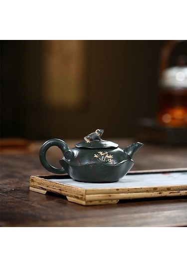 Çaydanlık El Yapımı Lotus Kurbağa Çamur Yeşil Kung Fu Su Isıtıcısı Yaratıcı Çayware Çaydanlıklar Altın - Beyaz