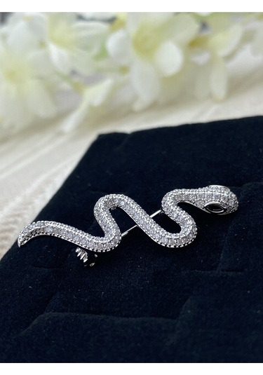 Kyver Yılan Model Full Zirkon Taşlı Broş Silver