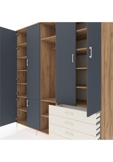 Kronos Dolap 14 Raflı 4 Çekmeceli Tek Askılı 220x59x243 Çam-antrasit/aytaşı Antrasıt/aytası