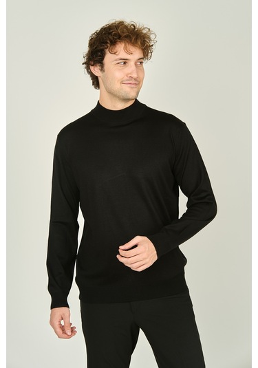 Ateş Triko Erkek Yarım Balıkçı Yaka Yün Kazak 0004 Siyah Siyah