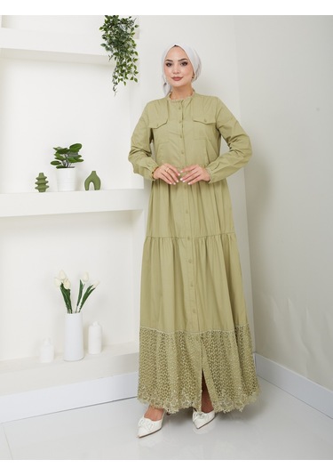 Dantelli Doğal Kumaşlı Boydan Düğmeli Kot Elbise Açık Yeşil