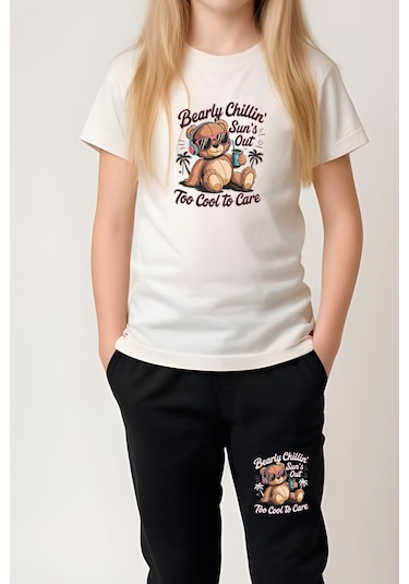 Fyk Kids Kız Çocuk Yuvarlak Yaka Baskılı Bearly Chillin Alt-üst Pijama Takımı KREM Krem