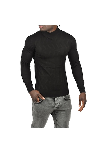 Deepsea Erkek Siyah Dar Kesim Yarım Balıkçı Yaka Desenli Triko Yarım Boğazlı Kazak 2505505 Siyah