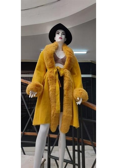 Pula Yakası Kolları Komple Kürklü Uzun Angora Kaban 110 Cm Sarı