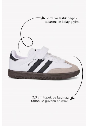 Günlük Unisex Çocuk Sneaker Bağcıklı Hafif Esnek Kaymaz Taban Ayakkabı 105 Beyaz Siyah