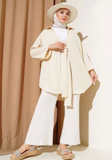 Lovie Moda Kadın Ön Bağcıklı Kimono Bej