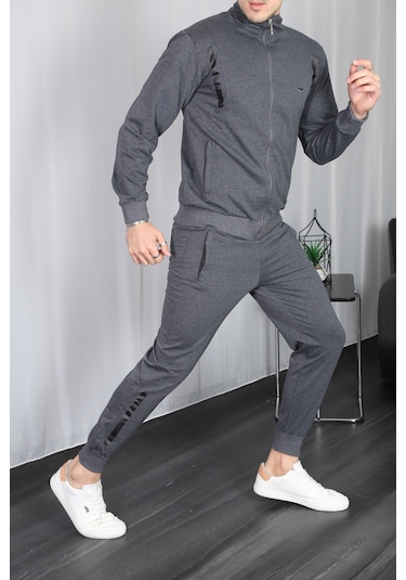 Erkek Dik Yaka Fermuarlı Eşofman Takım - Füme Füme