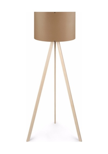 Pratik Ahşap Krem Üç Ayaklı Tripod Lambader Kahve Kumaş Başlık Salon Oturma Odası Köşe Lambası Kahve