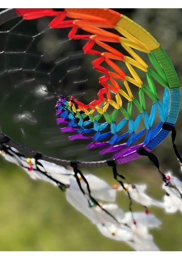 7 Çakra Renkli Siyah Süet Kasnaklı Büyük Rüya Kapanı -27cm Çap