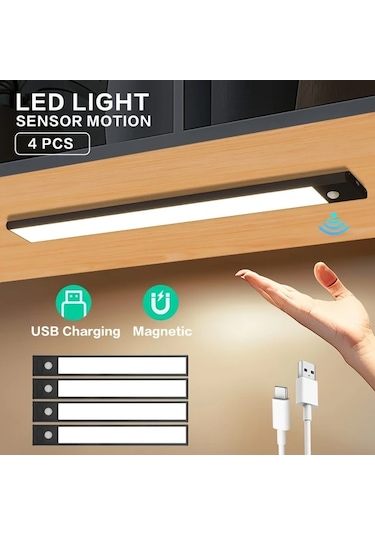 Willowhaven Black-4pcs-3.94inch 4 Adet Hareket Sensörlü Usb Şarjlı Ayarlanabilir Parlaklık Dolap Altı Led Aydınlatma Mutfak Banyo Ahşap