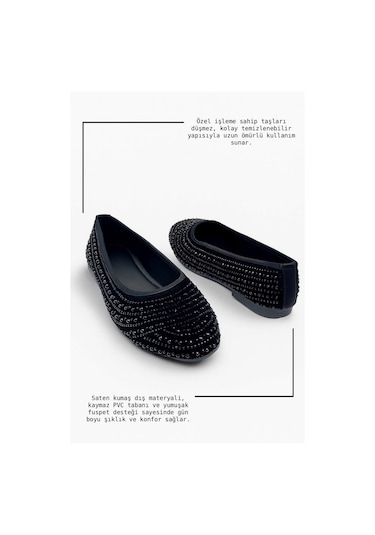 Günlük Altın Kadın Babet Oval Burun Gümüş Taşlı Saten Ortopedik Hafif Ev İş Ofis Ayakkabı 38 Siyah