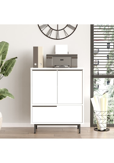 Robin Home Lidya Ofis Dolabı 3 Kapaklı Metal Ayaklı Beyaz