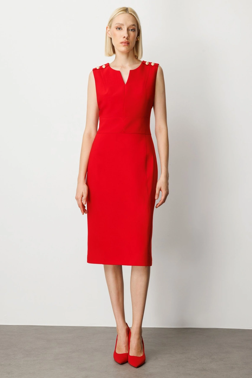 Ekol Kadın Süs Düğme Detaylı Kolsuz Elbise 4015 Kırmızı Kırmızı