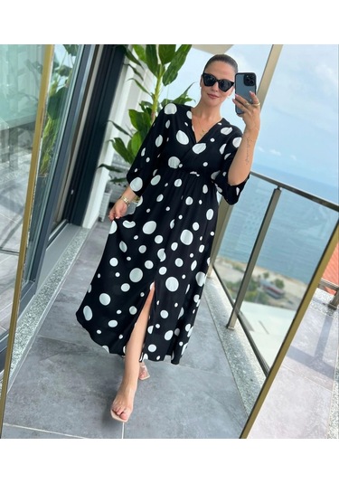 Kadın Puantiyeli Kruvaze Uzun Elbise Desenli