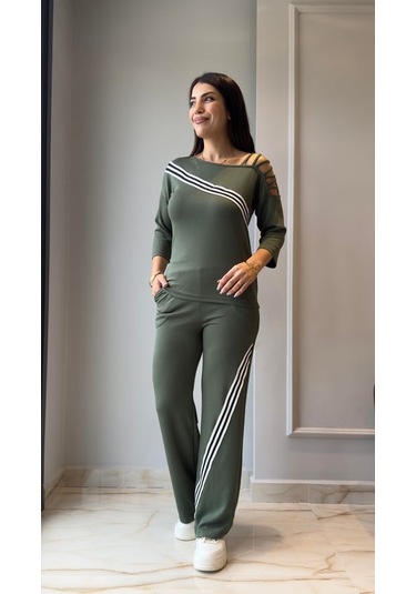 Tua Moda Kadın Uzun Kollu Truvakar Kol Tek Omuz Çapraz Şerit Detaylı Ribanalı Viskon Iki Iplik Bluz Ve Pantolon Ikili Takım Yeşil