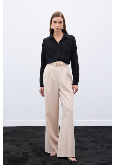 Sateen Aksesuarlı Pantolon - Bej-136561 Bej