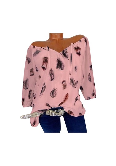 Pembe Dökümlü Moda Günlük V Yaka Üst Baskılı Yarım Kollu Gömlek Kazak Tişört Pembe