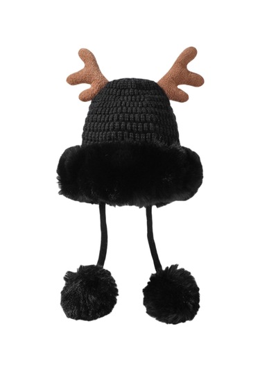 Kadınlar İçin Şık Noel Temalı Örgü Kulaklıklı Bere Renkli Boynuz Detaylı Sıcak Kış Şapkası Siyah