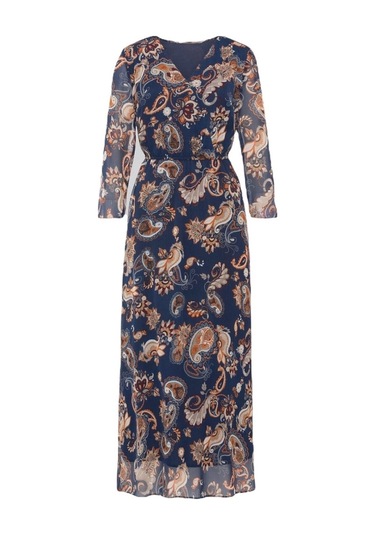 Kadın V Yaka Astarlı Uzun Truvakar Kol Çiçekli Tül Şık Maxi Boy Elbise Lacivert
