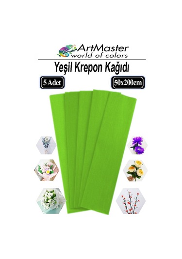 Krapon Kağıdı Yeşil Renk 5 Adet 50x200 Cm Grapon Kağıdı 5'li Okul Proje Sınıf Anaokulu Kreş Süsleme