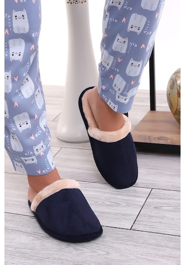 Wordex U050 Unisex Kışlık Ev İçi Terliği Kürklü Yünlü Terlik Lacivert