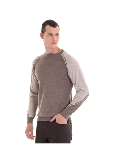 Hatemoğlu Vizon Regular Fit Bisiklet Yaka Jakarlı Yünlü Triko Kazak Vizon