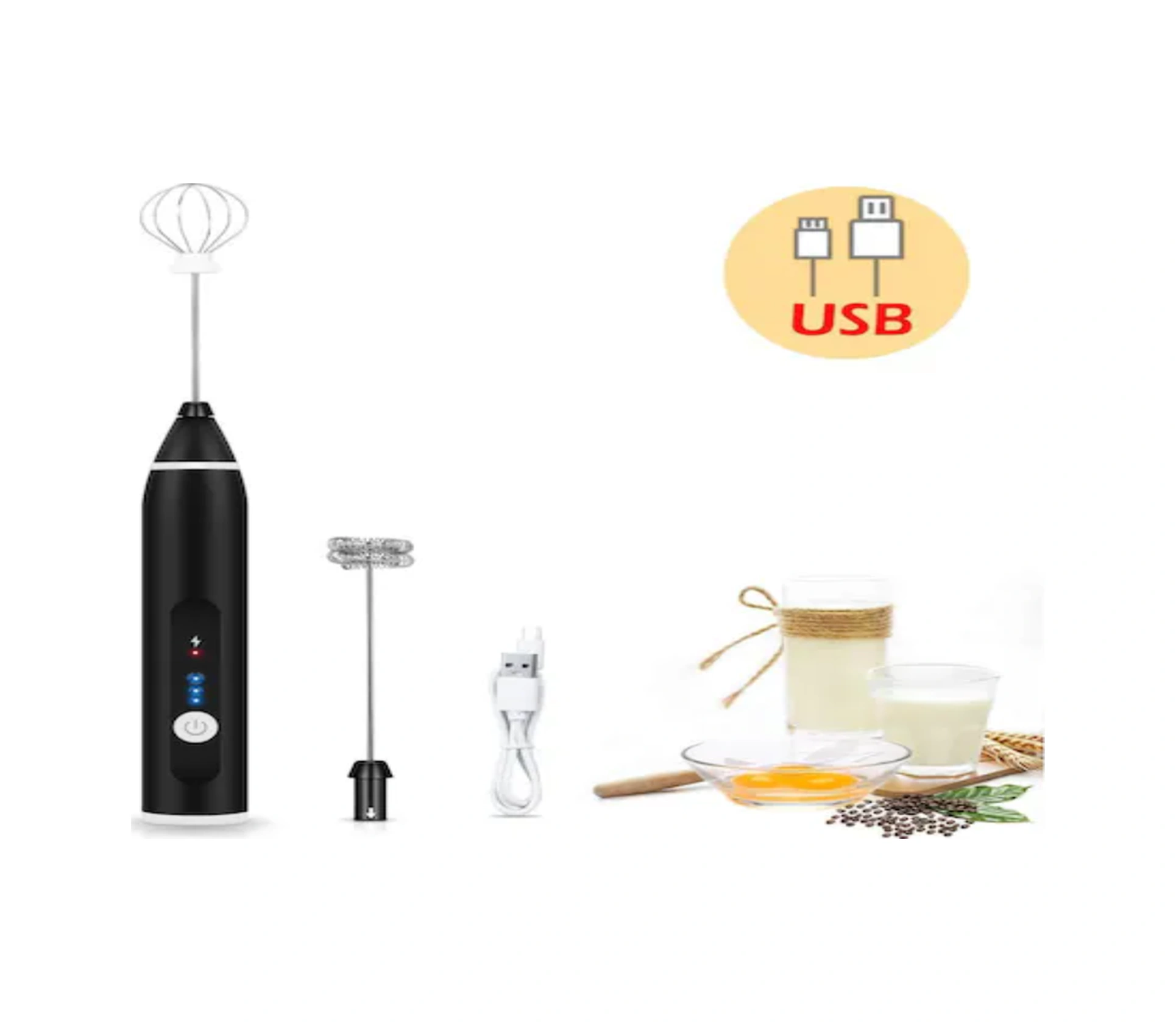 Qingmipy Usb Şarjlı El Tipi Mikser - Ev İçi Pastane Gereci, Krema Ve Hamur Karıştırıcı, Siyah, Dayanıklı Malzeme İle Konforlu Kullanım Siyah