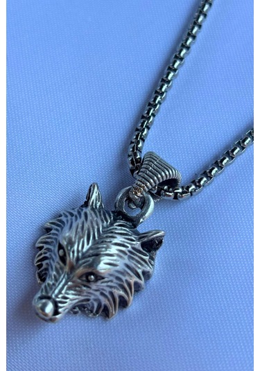 Kurt Kafası İşçiliği Paslanmaz Çelik Zincir Erkek Kolye Gümüş