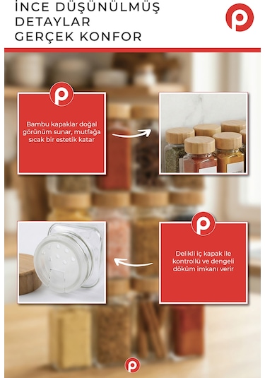12'li Bambu Kapaklı Kare Cam Baharatlık Takımı - 120 Ml - Hediyeli Baharat Seti Şeffaf