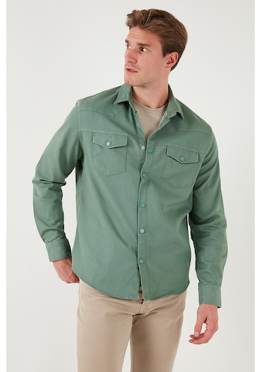 Buratti Pamuklu Regular Fit Çift Cepli Erkek Gömlek Cf24W116927 Haki